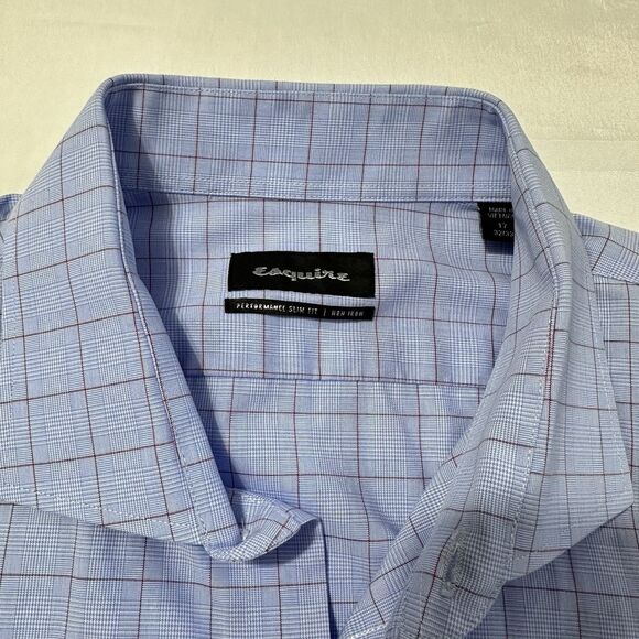 Esquire Shirt Mens 17 Sz Lg Blue Slim Fit Non-Iron Long Sleeve Plaid Dress Shirt - Picture 6 of 6